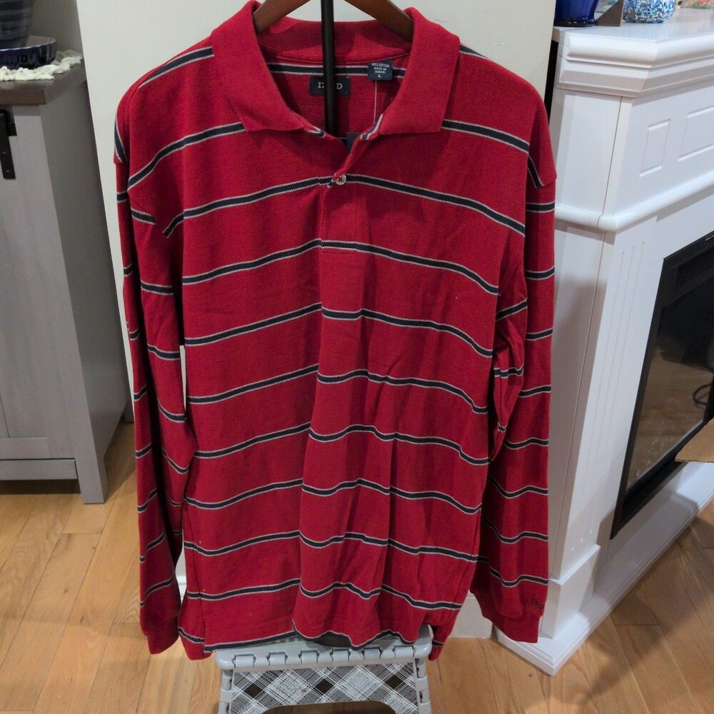 Vintage IZOD Men's Large Long-Sleeve Rugby Polo Shirt Red Navy Striped NWT